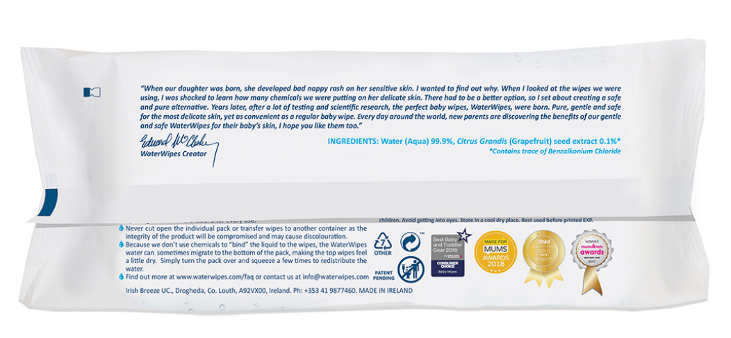 The ingredients highlighted on the back of a WaterWipes® package which includes 99.9% high purity water and a drop of fruit extract.