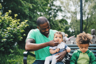 dad and kids sitting outdoors